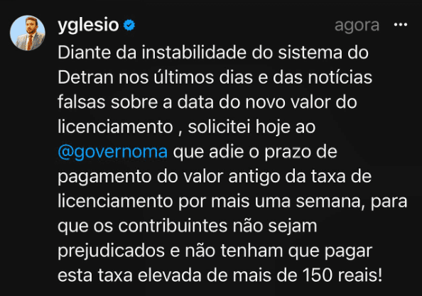 Deputado pede que DETRAN adie prazo para pagamento de valor antigo da taxa de licenciamento 2 Captura de tela 2024 02 21 135821